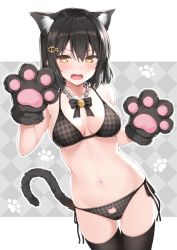 Rule 34 | 1girl, animal ear fluff, animal ears, animal hands, argyle, argyle background, argyle clothes, bare arms, bare shoulders, bell, bikini, black bikini, black hair, black thighhighs, bow, bowtie, breasts, brown eyes, cat cutout, cat ears, cat girl, cat tail, chain, cleavage, clothing cutout, collarbone, cowboy shot, extra ears, fangs, frown, gloves, groin, hair ornament, hands up, jingle bell, karutamo, large breasts, looking at viewer, medium hair, navel, open mouth, original, paw gloves, side-tie bikini bottom, sidelocks, skindentation, solo, standing, stomach, swimsuit, tail, thighhighs, thighs, v-shaped eyebrows