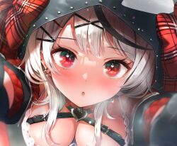 Rule 34 | 1girl, animal hood, belt, black belt, black gloves, black hood, black jacket, blush, bow, breasts, camisole, chest belt, cleavage, ellieka sama, gloves, grey hair, hair ornament, hairclip, heart, heart-shaped pupils, highres, hololive, hood, jacket, large breasts, medium hair, multicolored clothes, multicolored hair, multicolored jacket, open mouth, orca hood, parted lips, red bow, red eyes, red jacket, sakamata chloe, solo, streaked hair, symbol-shaped pupils, two-tone jacket, virtual youtuber, white camisole, x hair ornament