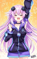Rule 34 | adult neptune, armpits, breasts, choker, gradient background, hair between eyes, hair flaps, hair ornament, hairclip, happy, highres, hood, hoodie, large breasts, lewdkuma, long hair, neptune (neptunia), neptune (series), open mouth, orange background, parka, purple hair, solo, thighs, yellow background