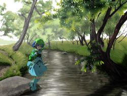 Rule 34 | 1girl, backpack, bad id, bad pixiv id, bag, blue eyes, blue hair, boots, camouflage, grass, hat, highres, juji, kawashiro nitori, long sleeves, river, rubber boots, semi-transparent, shirt, short hair, skirt, touhou, tree, twintails, two side up, water
