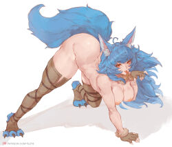 Rule 34 | 1girl, ahoge, all fours, animal ear fluff, animal ears, animal feet, ass, blue hair, breasts, cleavage, fingerless gloves, fingernails, gloves, highres, large tail, long fingernails, long hair, looking at viewer, medium breasts, nipples, nude, original, red eyes, shadow, sharp fingernails, short shorts, shorts, slit pupils, solo, tail, tezy8art, thick thighs, thighhighs, thighs, tongue, tongue out, white background, wolf ears, wolf girl, wolf tail