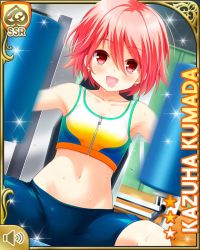 Rule 34 | 1girl, blue shorts, card (medium), character name, collarbone, girlfriend (kari), gym, indoors, kumada kazuha, looking at viewer, matching hair/eyes, midriff, official art, open mouth, qp:flapper, red eyes, red hair, short hair, shorts, smile, sports bra, tagme, workout clothes