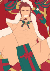 Rule 34 | 1boy, abs, alternate costume, alternate eye color, bara, beard, bell, blue eyes, brown hair, christmas, facial hair, fate/grand order, fate (series), gift, goatee, hunterkay, large pectorals, long sideburns, looking at viewer, male focus, merry christmas, muscular, napoleon bonaparte (fate), navel, pectorals, revealing clothes, santa costume, scar, topless male, sideburns, smile, solo, spread legs, thick thighs, thighs, unbuttoned