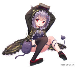 Rule 34 | 1girl, arms up, asymmetrical legwear, black jacket, black thighhighs, blush, book, breasts, chestnut mouth, chitosezaka suzu, clothes writing, commentary request, copyright request, demon tail, fake horns, frilled hood, frills, full body, hair between eyes, hair ornament, hairclip, hood, horned hood, horns, jacket, long sleeves, looking at viewer, on head, open clothes, open jacket, open mouth, purple hair, purple shirt, red eyes, red footwear, shirt, shoe soles, shoes, simple background, single sock, single thighhigh, small breasts, socks, solo, tail, tail around own leg, thighhighs, translation request, white background, x hair ornament