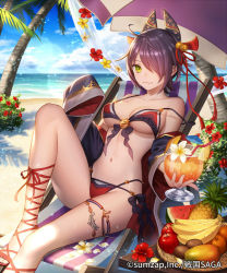 Rule 34 | 1girl, ankle lace-up, apple, banana, beach, beach umbrella, bell, bikini, blue sky, breasts, cleavage, cocktail umbrella, company name, copyright name, cross-laced footwear, cup, day, deck chair, drink, drinking glass, drinking straw, esukee, feet out of frame, fish, flower, food, fruit, green eyes, hair bell, hair ornament, hair over one eye, hibiscus, holding, holding cup, horizon, jingle bell, knee up, long sleeves, looking at viewer, mango, medium breasts, navel, ocean, off shoulder, official art, orange (fruit), outdoors, pineapple, plumeria, purple hair, sengoku saga, short hair, sitting, sky, smile, solo, strap slip, swimsuit, table, thigh strap, umbrella, underboob, watermelon, wide sleeves