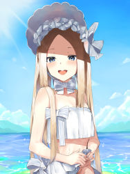Rule 34 | 1girl, abigail williams (fate), abigail williams (swimsuit foreigner) (fate), abigail williams (swimsuit foreigner) (third ascension) (fate), bare shoulders, beach, bikini, blonde hair, blue eyes, blue sky, blush, bonnet, bow, braid, breasts, day, fate/grand order, fate (series), forehead, hair bow, hair rings, highres, long hair, looking at viewer, miniskirt, nonaturednerd, ocean, open mouth, outdoors, parted bangs, revision, sidelocks, skirt, sky, small breasts, smile, swimsuit, twin braids, twintails, very long hair, wet, white bikini, white bow, white headwear