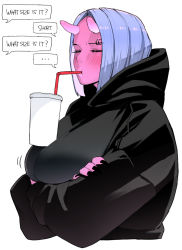 Rule 34 | ..., 1girl, black hoodie, black nails, blue hair, blush, bubble tea challenge, closed mouth, colored skin, crossed arms, cup, drinking straw, drinking straw in mouth, eyebrow piercing, closed eyes, fingernails, grey background, highres, hood, hood down, hoodie, horns, light blue hair, multicolored hair, nail polish, ohasi, original, piercing, pink hair, pink horns, pink skin, sharp fingernails, short hair, simple background, solo, speech bubble, spoken ellipsis, talking, two-tone hair, upper body, very long fingernails