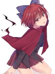 Rule 34 | 1girl, asa (coco), black shirt, black shirt, blouse, blue bow, bow, cape, from side, hair between eyes, hair bow, high collar, long sleeves, looking at viewer, looking to the side, miniskirt, parted lips, red cape, red eyes, red hair, red skirt, sekibanki, shirt, short hair, skirt, smile, solo, touhou