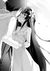 Rule 34 | 1boy, 1girl, breasts, cleavage, collarbone, dress, eye contact, floating hair, flower, greyscale, hair flower, hair ornament, highres, hood, hood down, hooded jacket, jacket, long dress, long hair, long sleeves, looking at another, medium breasts, meiyaku no leviathan, monochrome, nimura yuuji, novel illustration, off shoulder, official art, parted lips, sleeveless, sleeveless dress, standing, very long hair