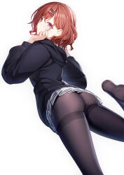 Rule 34 | 1girl, ass, black hoodie, black pantyhose, black sweater, blush, brown hair, feet, fine fabric emphasis, foot out of frame, foot up, hair ornament, hairclip, highres, higuchi madoka, hood, hood down, hoodie, idolmaster, idolmaster shiny colors, legs, long sleeves, looking at viewer, looking back, lying, miniskirt, no shoes, on stomach, pantyhose, pleated skirt, purple eyes, ririko (zhuoyandesailaer), short hair, simple background, skirt, soles, solo, sweater, swept bangs, thighband pantyhose, white background