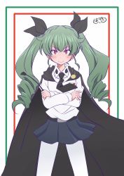 Rule 34 | 1girl, anchovy (girls und panzer), anzio school uniform, artist name, belt, black belt, black cape, black necktie, black ribbon, black skirt, cape, closed mouth, commentary, crossed arms, dress shirt, drill hair, emblem, girls und panzer, green hair, hair ribbon, hazuki haru, highres, holding, long hair, long sleeves, looking at viewer, miniskirt, necktie, pantyhose, pleated skirt, red eyes, ribbon, riding crop, school uniform, shirt, signature, skirt, smile, solo, standing, twin drills, twintails, white background, white pantyhose, white shirt