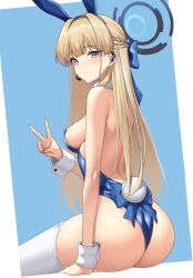 Rule 34 | 1girl, absurdres, animal ears, ass, back, bare shoulders, blonde hair, blue archive, blue background, blue eyes, blue halo, blue leotard, breasts, commentary request, fake animal ears, from behind, halo, hand up, highres, invisible chair, korean commentary, laan (0110), leotard, long hair, looking at viewer, looking back, medium breasts, official alternate costume, official alternate hairstyle, playboy bunny, rabbit ears, rabbit tail, simple background, sitting, solo, strapless, strapless leotard, tail, thighhighs, toki (blue archive), toki (bunny) (blue archive), v, white background, white thighhighs, white wrist cuffs, wrist cuffs