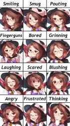 Rule 34 | 1girl, :i, absurdres, angry, blush, bored, bow, brown eyes, brown hair, cape, collar, expression chart, expressions, finger gun, furrowed brow, glaring, glasses, gloves, grin, hand on own cheek, hand on own chin, hand on own face, hat, hat bow, highres, laughing, looking at viewer, low twintails, multiple views, musical note, non-web source, open mouth, pout, red-framed eyewear, reddverse, shirt, short hair, sketch, smile, smug, sweatdrop, thinking, touhou, twintails, usami sumireko, wavy mouth, white background