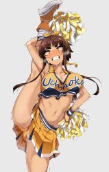 Rule 34 | 1girl, absurdres, arm up, armpits, breasts, brown eyes, brown hair, cheerleader, cleavage, clenched teeth, clothes writing, cowboy shot, crop top, crop top overhang, grey background, highres, holding, holding pom poms, jovejun, kneepits, large breasts, leg up, long hair, midriff, miniskirt, navel, orange panties, original, panties, pleated skirt, pom pom (cheerleading), pom poms, shirt, shoes, skirt, sleeveless, sleeveless shirt, sneakers, split, standing, standing on one leg, standing split, sweat, teeth, underwear