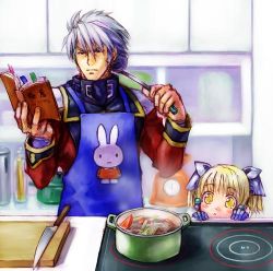Rule 34 | 1boy, 1girl, age difference, apron, banpresto, blonde hair, book, cooking, cooking pot, irui guneden, kitchen, knife, ladle, lowres, miffy, miffy (character), nakamura kanko, open book, reading, sanger zonvolt, stove, super robot wars, weighing scale, white hair