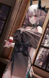 Rule 34 | 1girl, alcohol, alternate hairstyle, arknights, belt, black dress, black hair, blush, breasts, chinese commentary, cleavage, closed mouth, collar, commentary request, cowboy shot, cup, dress, drink, drinking glass, dutch angle, ear piercing, fingernails, gradient hair, hair bun, highres, holding, holding cup, horns, indoors, infection monitor (arknights), large breasts, long fingernails, looking at viewer, mudrock (arknights), multicolored hair, nail polish, night, off-shoulder dress, off shoulder, piercing, pink eyes, pointy ears, purple nails, ru zhai, see-through, side slit, sidelocks, silver hair, single hair bun, smile, solo, window, wine