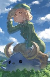 Rule 34 | 1girl, babe (fate), blonde hair, blush, boots, brown footwear, brown gloves, closed mouth, fate/grand order, fate (series), giant, giantess, gloves, green hat, hat, highres, looking away, monosenbei, pantyhose, paul bunyan (fate), short hair, smile, solo, thigh boots, thighhighs, yellow eyes