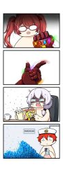 Rule 34 | 2girls, avengers: infinity war, avengers (series), diaoxian kuangmo, glasses, highres, honkai (series), honkai impact 3rd, infinity gauntlet, infinity gems, marvel, marvel cinematic universe, multiple girls, open mouth, red hair, scared, short hair, smile, snapping fingers, stunned silence, theresa apocalypse, twintails, white hair