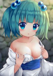 Rule 34 | 1girl, absurdres, bare shoulders, blue eyes, blue sash, blush, breasts, cleavage, collarbone, commentary request, green hair, hair bobbles, hair ornament, heart, heart-shaped pupils, highres, japanese clothes, kimono, kisume, long sleeves, looking at viewer, medium breasts, no bra, off shoulder, parted lips, sash, short hair, solo, suigetsu (watermoon-910), symbol-shaped pupils, touhou, twintails, undressing, upper body, white kimono, wide sleeves