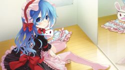 Rule 34 | 10s, 1girl, alternate costume, animal ears, blue eyes, blue hair, bow, date a live, dress, eyepatch, game cg, hairband, hand puppet, lolita fashion, lolita hairband, long hair, looking at viewer, matching hair/eyes, mirror, pink thighhighs, puppet, rabbit, rabbit ears, reflection, ribbon, sitting, solo, stuffed animal, stuffed rabbit, stuffed toy, thighhighs, tsunako, yoshino (date a live), yoshinon