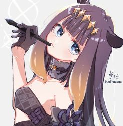 Rule 34 | 1girl, arm up, bare shoulders, black dress, black gloves, blue eyes, breasts, brown hair, closed mouth, collarbone, commentary request, dress, glint, gloves, gradient hair, grey background, half gloves, head tilt, headpiece, highres, holding, holding stylus, hololive, hololive english, long hair, looking at viewer, looking to the side, mole, mole under eye, multicolored hair, ninomae ina&#039;nis, ninomae ina&#039;nis (1st costume), purple hair, sidelocks, signature, simple background, small breasts, sofra, solo, strapless, strapless dress, stylus, twitter username, virtual youtuber