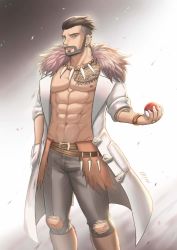 Rule 34 | 1boy, abs, alternate costume, bara, bare pectorals, beard, belt, boots, brown belt, brown footwear, brown hair, coat, commentary, cosplay, creatures (company), earrings, eryx45, facial hair, fur-trimmed coat, fur trim, game freak, hand in pocket, highres, holding, holding poke ball, jewelry, male focus, mature male, muscular, muscular male, navel, necklace, nintendo, open clothes, open coat, pants, parted lips, pectorals, poke ball, poke ball (basic), pokemon, pokemon sv, sada (pokemon), sada (pokemon) (cosplay), short hair, solo, tooth necklace, torn clothes, torn pants, turo (pokemon), undercut, white coat