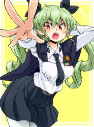 Rule 34 | 1girl, anchovy (girls und panzer), anzio school uniform, aono3, arm behind head, belt, beret, black belt, black cape, black hat, black necktie, black ribbon, black skirt, cape, commentary, cowboy shot, dress shirt, drill hair, emblem, foreshortening, frown, girls und panzer, green hair, hair ribbon, hat, highres, leaning forward, long hair, long sleeves, looking at viewer, miniskirt, necktie, open mouth, pantyhose, pleated skirt, reaching, reaching towards viewer, red eyes, ribbon, school uniform, shirt, skirt, solo, standing, twin drills, twintails, v-shaped eyebrows, white pantyhose, white shirt, yellow background