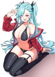Rule 34 | 1girl, abs, absurdres, akeno(itsnafulol), bikini, black bikini, black thighhighs, blue hair, boots, borrowed character, breasts, cleavage, commentary, commission, english commentary, full body, highres, jacket, large breasts, long hair, looking at viewer, open clothes, open jacket, original, purple eyes, red jacket, second-party source, sitting, smile, solo, swimsuit, thigh boots, thighhighs, twintails, v, very long hair, wariza, white background, zerobarto