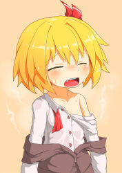 Rule 34 | 1girl, ascot, blonde hair, blush, closed eyes, hand fan, fang, female focus, hecchi (blanch), off shoulder, open mouth, rumia, shirt, short hair, solo, steam, sweat, touhou, wet, wet clothes, wet shirt