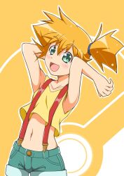 Rule 34 | 1girl, armpits, asymmetrical hair, blush, creatures (company), denim, denim shorts, game freak, gen 1 pokemon, green eyes, highres, holding, misty (pokemon), nintendo, pokemon, pokemon (anime), pokemon (classic anime), ponytail, shirt, short hair, short shorts, shorts, side ponytail, solo, suspender shorts, suspenders, tank top, yellow shirt, yoshimi mizunoe