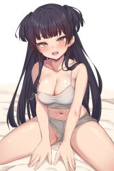 Rule 34 | 1girl, black hair, blunt bangs, blush, breasts, brown eyes, camisole, cleavage, grey camisole, highres, idolmaster, idolmaster shiny colors, large breasts, long hair, looking at viewer, mayuzumi fuyuko, open mouth, panties, panties under shorts, panty peek, short shorts, shorts, simple background, sitting, solo, spread legs, strap slip, two side up, underwear, upshorts, ushimizu, white background, white panties