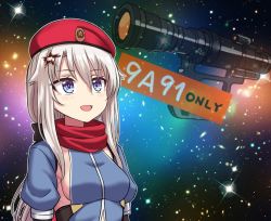 Rule 34 | 1girl, 9a-91 (girls&#039; frontline), :d, beret, blue eyes, bow, breasts, character name, girls&#039; frontline, hair between eyes, hair bow, hair ornament, hat, juliet sleeves, long hair, long sleeves, looking up, medium breasts, meme, open mouth, puffy sleeves, red hat, red scarf, scarf, scope, sideboob, sidelocks, silver hair, smile, solo, space, space cat (meme), star (sky), star (symbol), star hair ornament, yakob labo