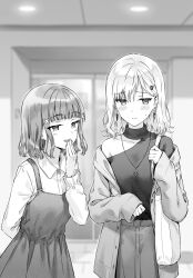 Rule 34 | 2girls, arm behind back, averting eyes, ayase saki, bag, blush, cardigan, closed mouth, collarbone, collared shirt, commentary request, cowboy shot, dress, gimai seikatsu, greyscale, hair ornament, hairclip, hand on own chest, highres, hiten (hitenkei), jewelry, long sleeves, medium hair, monochrome, multiple girls, narasaka maaya, necklace, novel illustration, off shoulder, official alternate hair length, official alternate hairstyle, official art, open cardigan, open clothes, parted lips, pinafore dress, second-party source, shirt, single bare shoulder, skirt, sleeveless, sleeveless dress, sweater