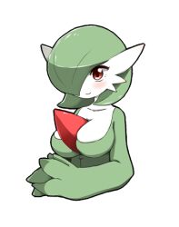 Rule 34 | 1girl, blush, bob cut, breasts, closed mouth, collarbone, colored skin, creatures (company), female focus, game freak, gardevoir, gen 3 pokemon, green hair, green skin, hair over one eye, happy, large breasts, looking at viewer, multicolored skin, nintendo, one eye covered, own hands together, pokemon, pokemon (creature), red eyes, short hair, simple background, smile, solo, two-tone skin, upper body, white background, white skin, yunicon