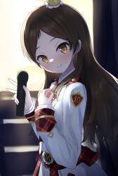 Rule 34 | 1girl, absurdres, backlighting, backstage, blush, brown hair, cpk prd, hat, head tilt, highres, holding, holding microphone, idol, idolmaster, idolmaster million live!, idolmaster million live! theater days, kitazawa shiho, long hair, looking at viewer, microphone, mini hat, parted bangs, patterned clothing, re prologue x (idolmaster), smile, solo, stairs, straight hair, very long hair