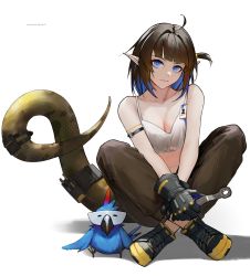 Rule 34 | 1girl, ahoge, arknights, armband, artist name, bare arms, bare shoulders, bird, black gloves, black hair, blue eyes, blue hair, boots, breasts, camisole, cargo pants, cleavage, colored inner hair, crossed ankles, dated, eunectes (arknights), eunectes (forgemaster) (arknights), gloves, high priest (arknights), highres, holding, holding wrench, id card, midriff, multicolored hair, official alternate costume, one side up, pants, pointy ears, shadow, simple background, sitting, stomach, tail, ts-ix, two-tone hair, white background, wrench