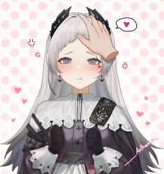 Rule 34 | 1girl, :t, absurdres, anger vein, anthea meow, arknights, artist name, black gloves, black jacket, blush, clenched hands, closed mouth, commentary, earrings, gloves, grey eyes, grey hair, head wings, headpat, heart, highres, irene (arknights), jacket, jewelry, long sleeves, looking at viewer, pink background, polka dot, polka dot background, pout, puffy long sleeves, puffy sleeves, solo focus, speech bubble, spoken heart, upper body, wings
