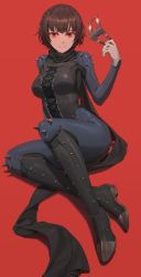 Rule 34 | 1girl, absurdres, black footwear, black scarf, blush, bodysuit, boots, braid, breasts, brown hair, cross-laced clothes, crown braid, free style (yohan1754), grey bodysuit, highres, knee boots, looking at viewer, mask, niijima makoto, persona, persona 5, red background, red eyes, scarf, smile, solo