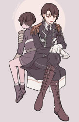 Rule 34 | 10s, 2boys, :d, aged up, armor, back-to-back, black necktie, boots, brown eyes, brown hair, circle, coattails, crossed legs, dual persona, earrings, epaulettes, full body, gloves, gyuunyuu (mashika), hand on own knee, highres, hirano toushirou, japanese armor, jewelry, knee boots, looking at viewer, male focus, military, military uniform, multiple boys, necktie, open mouth, pantyhose, purple background, purple eyes, shoulder armor, simple background, sitting, smile, socks, sode, tassel, touken ranbu, undercut, uniform, white gloves