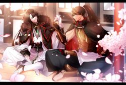 Rule 34 | 2boys, amata1006, black hair, cape, cherry blossoms, cup, fate/grand order, fate (series), fingerless gloves, fur collar, gloves, highres, huang feihu (fate), indian style, letterboxed, long hair, male focus, multiple boys, ponytail, sakazuki, scar, scar on face, signature, sitting, tai gong wang (fate), toeless legwear, twitter username