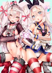 Rule 34 | 10s, 2girls, absurdres, amatsukaze (kancolle), anchor, bad id, bad pixiv id, bell, black panties, blonde hair, blush, breasts, brown eyes, cameltoe, collar, elbow gloves, garter straps, gloves, hair ornament, hairband, heart, heart hands, heart hands duo, highres, kantai collection, long hair, looking at viewer, multiple girls, navel, neck bell, nekometaru, nipples, open mouth, panties, pussy, pussy juice, pussy peek, red legwear, school uniform, serafuku, shimakaze (kancolle), silver hair, small breasts, striped clothes, striped legwear, striped thighhighs, thighhighs, torn clothes, twintails, two side up, underwear, white gloves
