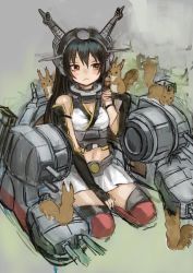 Rule 34 | 10s, 1girl, acorn, ama-tou, black hair, brown eyes, cannon, gauntlets, hair ornament, kantai collection, long hair, midriff, nagato (kancolle), navel, personification, red thighhighs, shirt, sitting, skirt, solo, squirrel, thighhighs, zettai ryouiki