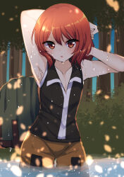 Rule 34 | 1other, androgynous, armpits, arms up, black shirt, brown shorts, collared shirt, commentary request, highres, len&#039;en, medium hair, no coat, open mouth, other focus, ougi hina, outdoors, partially submerged, partially unzipped, red eyes, red hair, shirt, shitodo hooaka, shorts, sleeveless, sleeveless shirt, stretching, wet