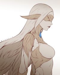 Rule 34 | 1girl, artist name, blindfold, closed mouth, cracked skin, final fantasy, final fantasy xiv, forgiven venery, koyorin, lips, long hair, no nipples, profile, sin eater (ff14), solo, spot color, upper body, white background