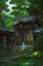Rule 34 | architecture, building, bush, cyclecircle, dappled sunlight, east asian architecture, forest, ghost, grass, highres, lantern, moss, nature, no humans, original, outdoors, paper lantern, rope, scenery, shade, shide, shimenawa, shrine, sitting, sitting on stairs, stairs, sunlight, tree
