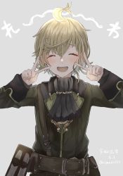 Rule 34 | 1boy, akitama2727, antenna hair, belt, belt pouch, blush, book, double v, emotional engine - full drive, closed eyes, green hair, green jacket, grey background, jacket, long sleeves, looking at viewer, open mouth, pinocchio (sinoalice), pouch, short hair, simple background, sinoalice, solo, v
