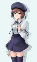 Rule 34 | 10s, 1girl, alternate costume, bad id, bad pixiv id, blue hat, blue skirt, blue thighhighs, bow, brown eyes, brown hair, buttons, dress shirt, frilled skirt, frills, german clothes, hat, highres, kantai collection, koretsuki aduma, long sleeves, ribbon, sailor hat, shadow, shirt, short hair, simple background, skirt, solo, suspender skirt, suspenders, thighhighs, white shirt, z3 max schultz (kancolle)
