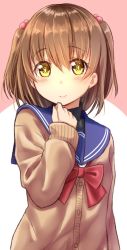 Rule 34 | 1girl, arm at side, ashida machi, blush, bow, bowtie, brown hair, cardigan, closed mouth, commentary request, gurande (g-size), hair between eyes, hair bobbles, hair ornament, hand up, highres, long sleeves, looking at viewer, original, pink background, red bow, red bowtie, school uniform, serafuku, shirt, sleeves past wrists, smile, solo, two-tone background, two side up, white background, white shirt, yellow eyes