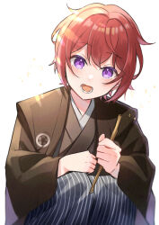 Rule 34 | 1boy, aged down, black kimono, child, cowboy shot, double-parted bangs, ensemble stars!, film grain, hand on own knee, head tilt, highres, holding, holding stick, japanese clothes, kataginu, kimono, knees up, looking at viewer, lower teeth only, male focus, open mouth, purple eyes, red hair, shade, shino (sinotaro ), simple background, solo, sparkling aura, stick, suou tsukasa, teeth, tongue, white background, yukata