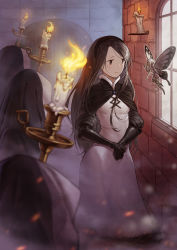 Rule 34 | 5others, agnes oblige, black eyes, black gloves, black hairband, bravely default (series), brick wall, brown eyes, brown hair, candle, closed mouth, door, dress, elbow gloves, fairy, fairy wings, fire, flying, fog, fur trim, gloves, hairband, highres, holding, indoors, long hair, multiple others, neko sheep, open mouth, smile, wax, white dress, white hair, window, wings
